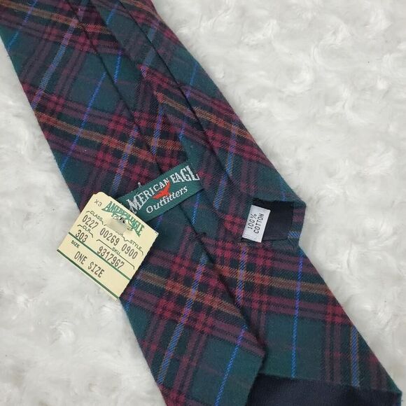 American Eagle Plaid Cotton Tie Green Red - Picture 3 of 8